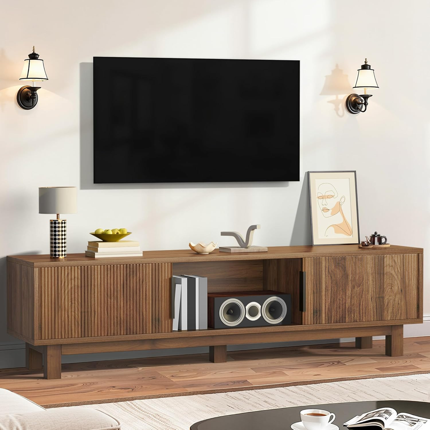 Mid Century Modern TV Stand for 65″ TVs, Walnut, Storage & Power Outlets