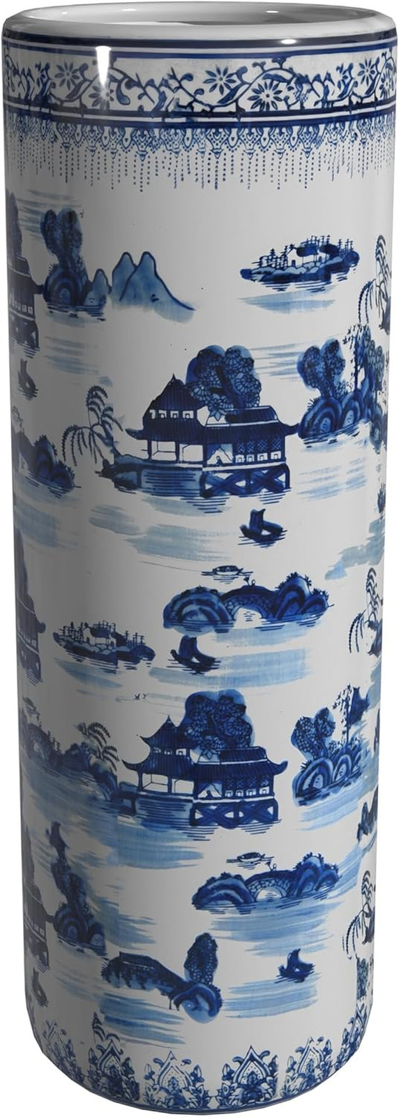 Oriental Furniture 20″ Landscape Blue & White Porcelain Umbrella Stand