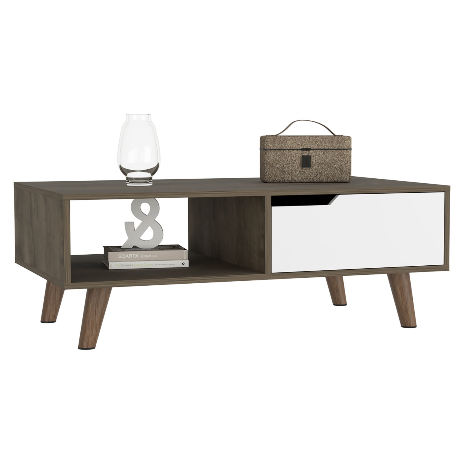 Coffee Table, One Open Shelf, One Drawer, Dark Brown/White