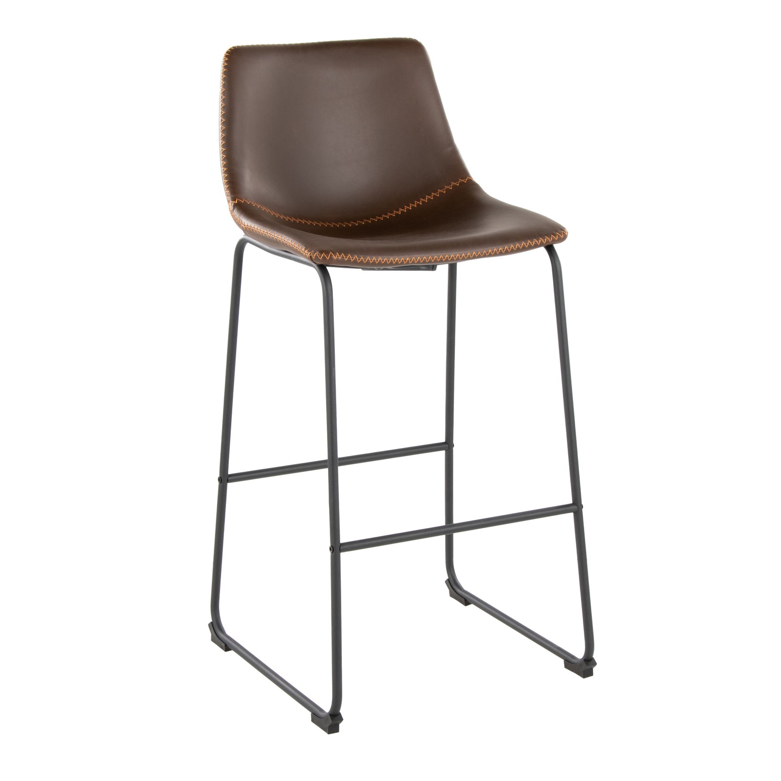 30″ Barstool Black Metal Frame Espresso Faux Leather Orange Stitching