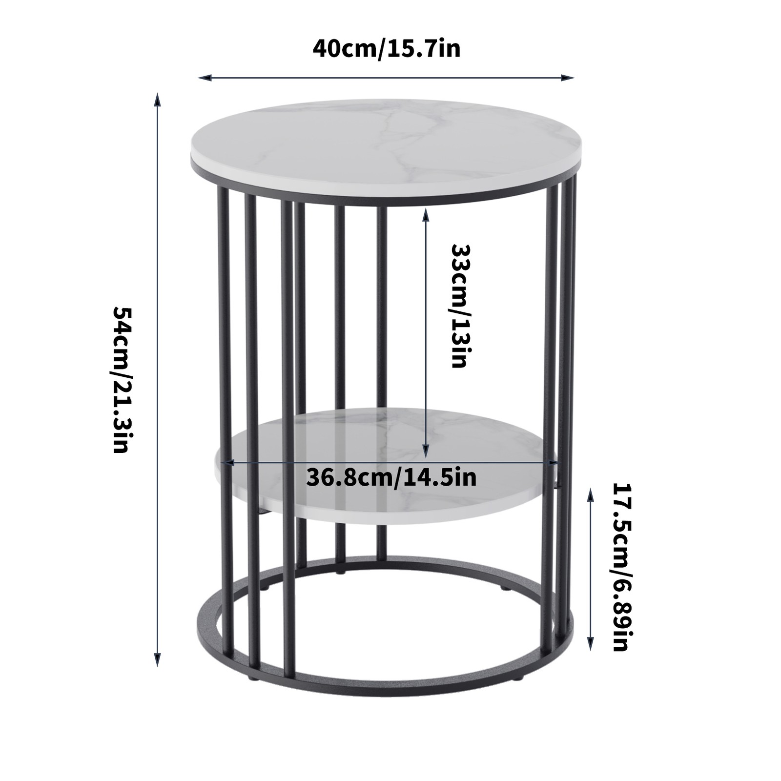 2TierRound Side End Table Sintered Stone Tabletop Metal Frame Open Storage Shelf