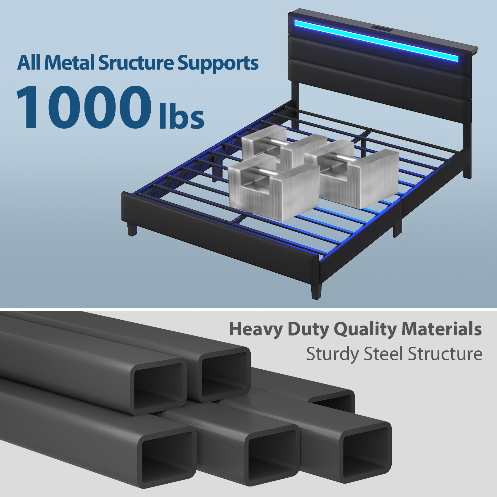 Full/Queen Smart LED Bed Frame – Soft Padded, Charging Station & Storage Shelf.