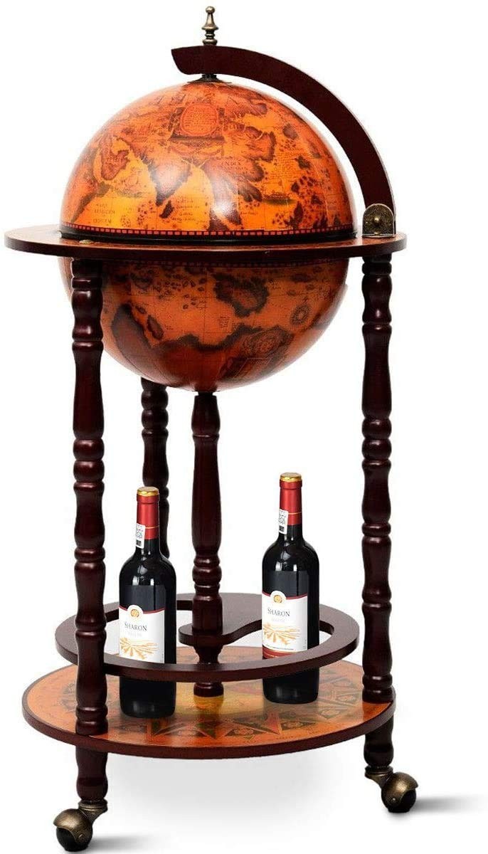 17″ Wooden Globe Wine Rack, Bar 17.5×17.5×35 inches, Brown