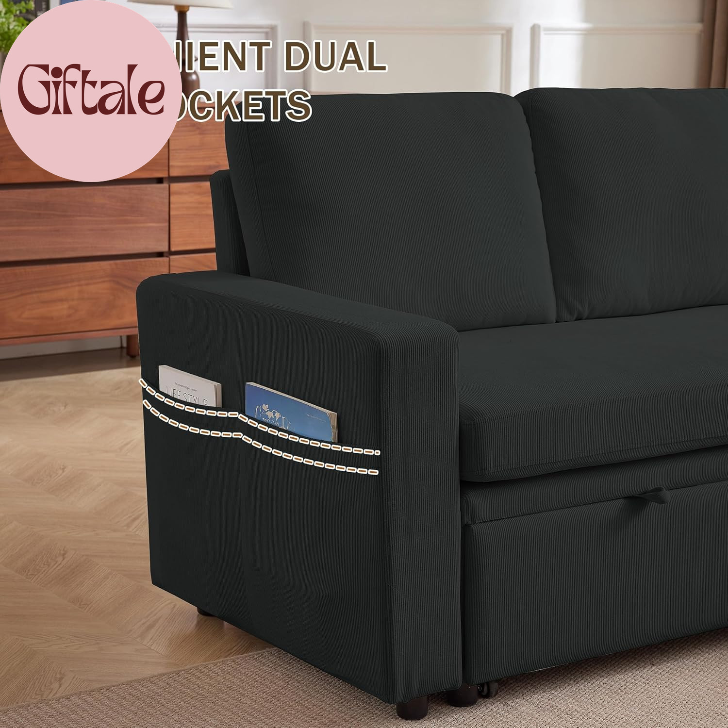 Convertible Sofa Bed, L-Shape Sectional Sleeper Sofa with Storage Chaise, Modern