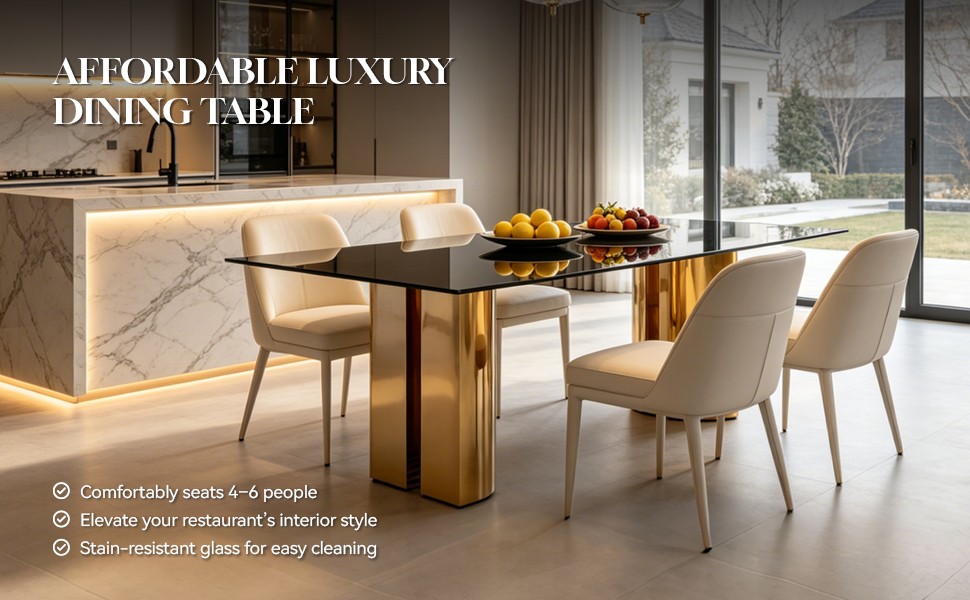 70″ Rectangular Dining Table Black Tempered Glass Gold Stainless Steel Legs