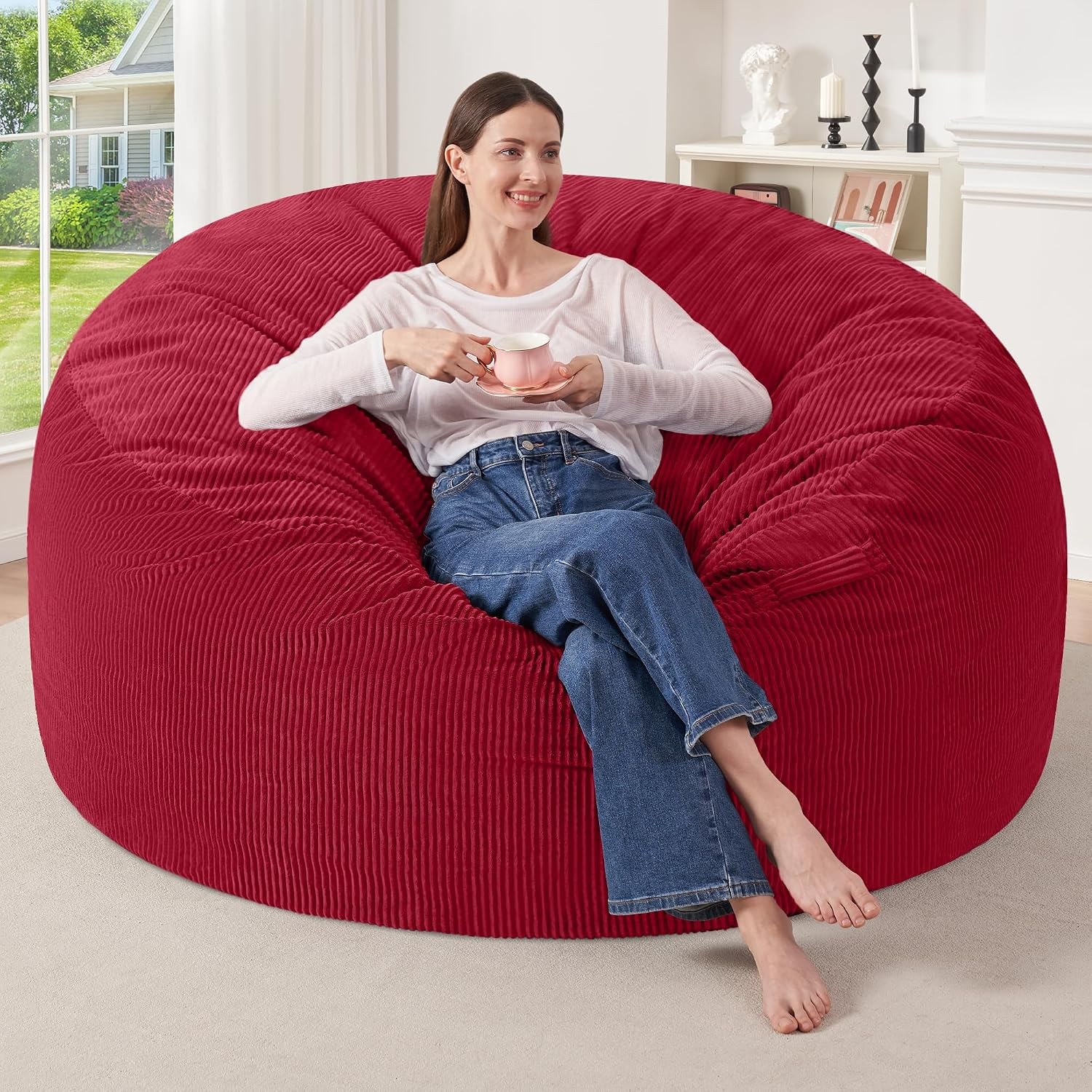 HABUTWAY 5FT Bean Bag Chair Giant Memory Foam Corduroy 50x50x24in RED