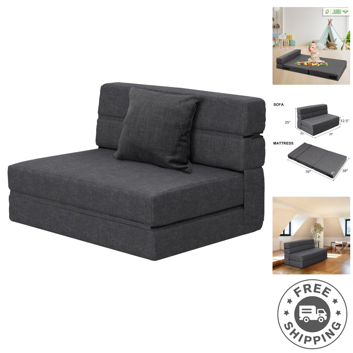 Ergonomic Twin Size Folding Sofa Bed with Washable Cover and Memory Foam Comfort