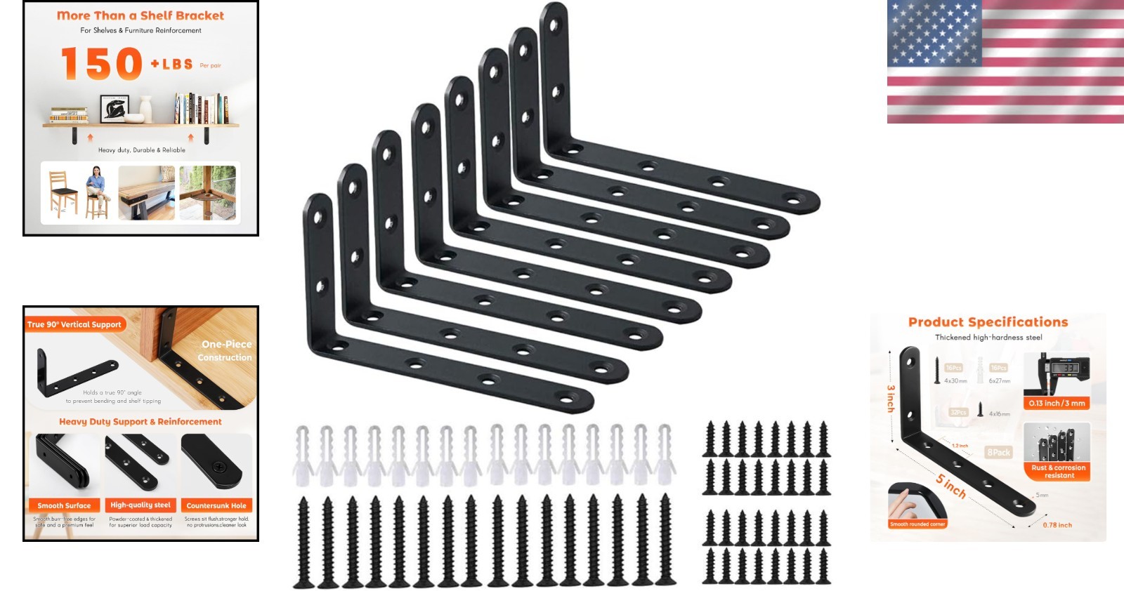 8-Piece L Corner Brace Set – 35lb Capacity for Shelves & Furniture