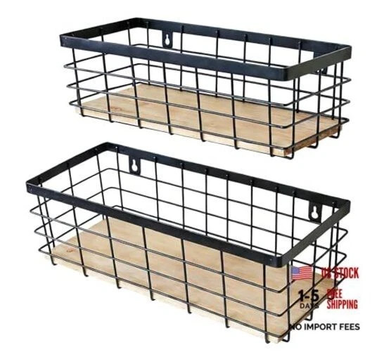 Metal Wire Basket Detachable Wood Base Storage Organizer Small&Medium Black