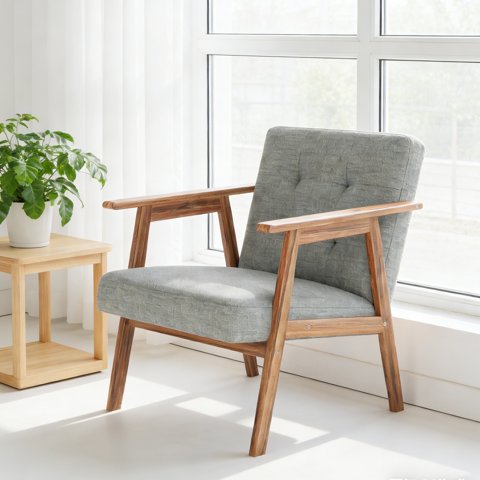 Light Grey Modern Accent Chair with Walnut Finish – Thick Cushion