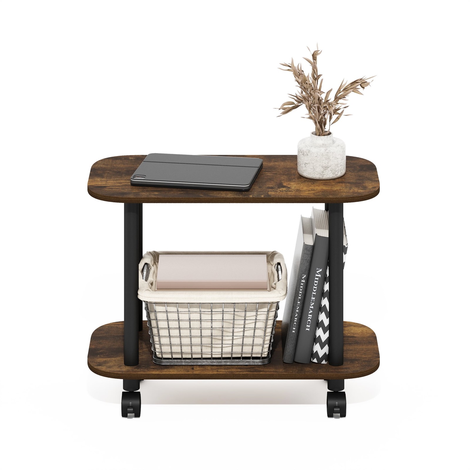 Modern Oval End Table Side Table with Casters Amber Pine/Black For Living Room