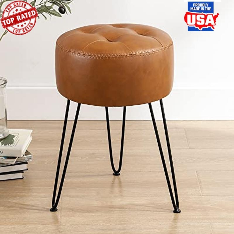 Modern Faux Leather Vanity Stool 19 In Height Metal Legs Ottoman Easy Assembly