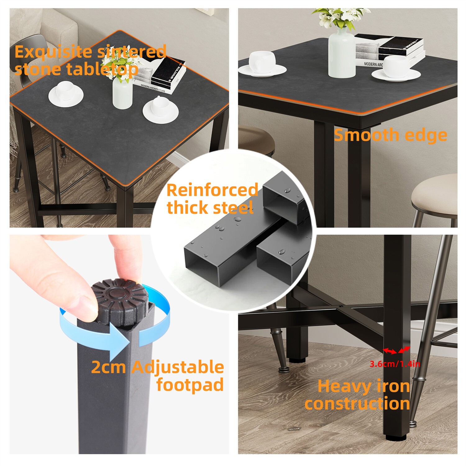 Square Marble Bar Table Industrial Black Metal Frame for Small Kitchen Corner US