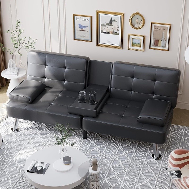 Convertible Futon Sofa Bed Adjustable Positions W/ Cup Holder Small Spaces New