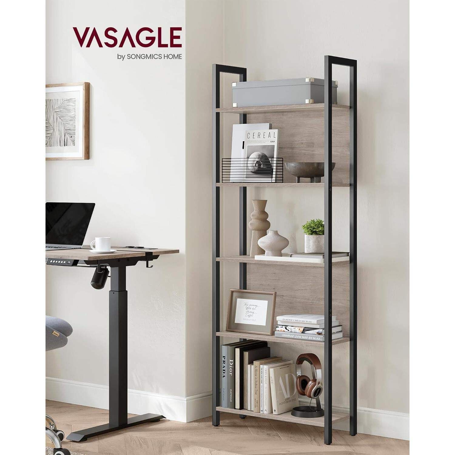 5 Tier Bookshelf Steel Frame 9.4Dx24.4Wx65H Greige Black