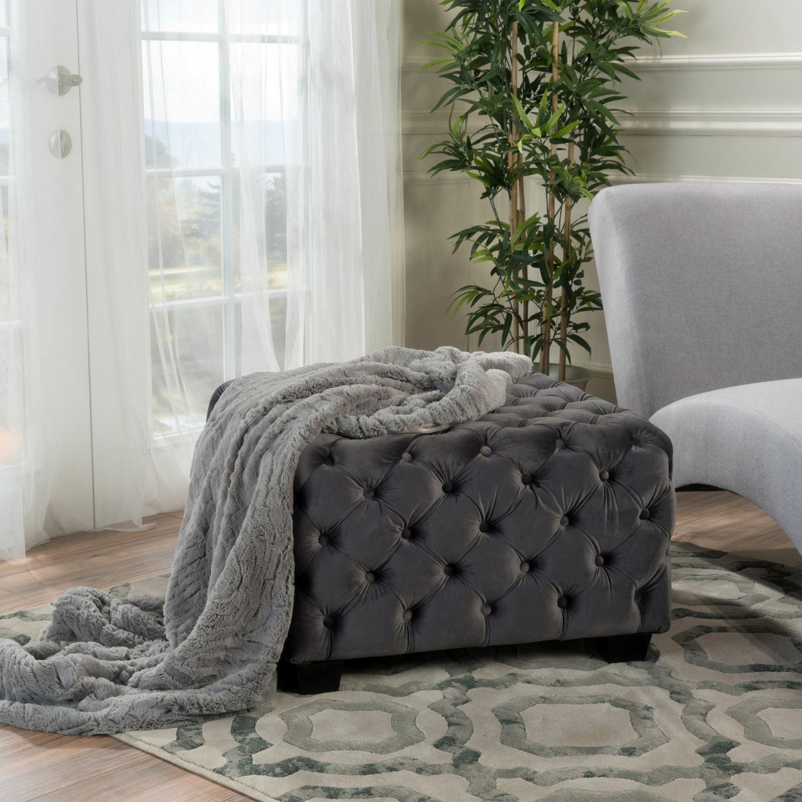 Provence Modern Glam Button Tufted Diamond Stitch Velvet Square Ottoman