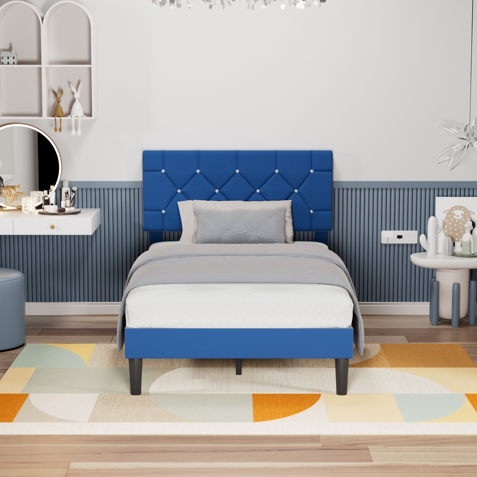 Twin Full Queen Bed Frame Adjustable Diamond Upholstered Headboard Noise Free