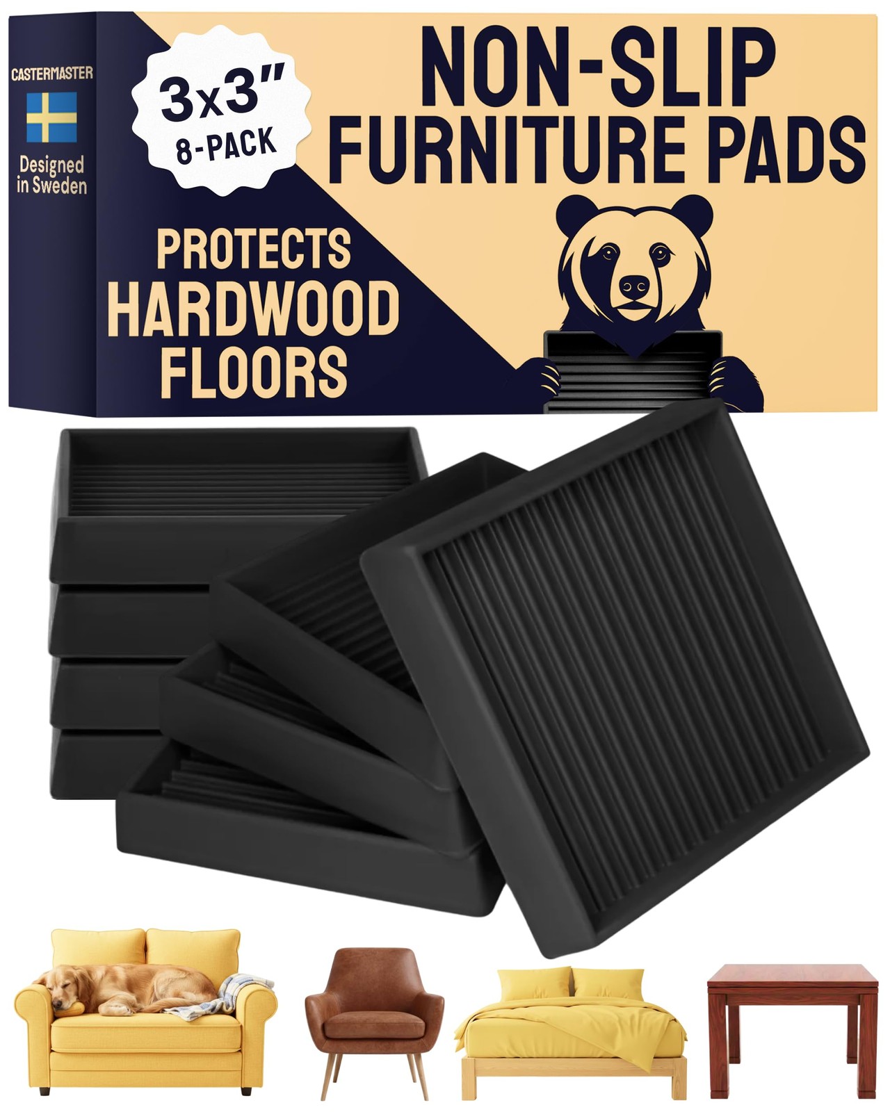 Square Non-Slip Furniture Pads – 3 in x 3 in, Pack of 8, Black – Stoppers to …