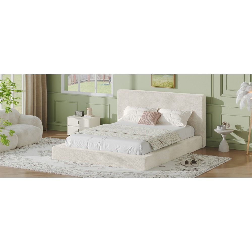 Queen Cloud Frameless Bed Surround Sherpa Upholstered Cushion 8.7” Off White