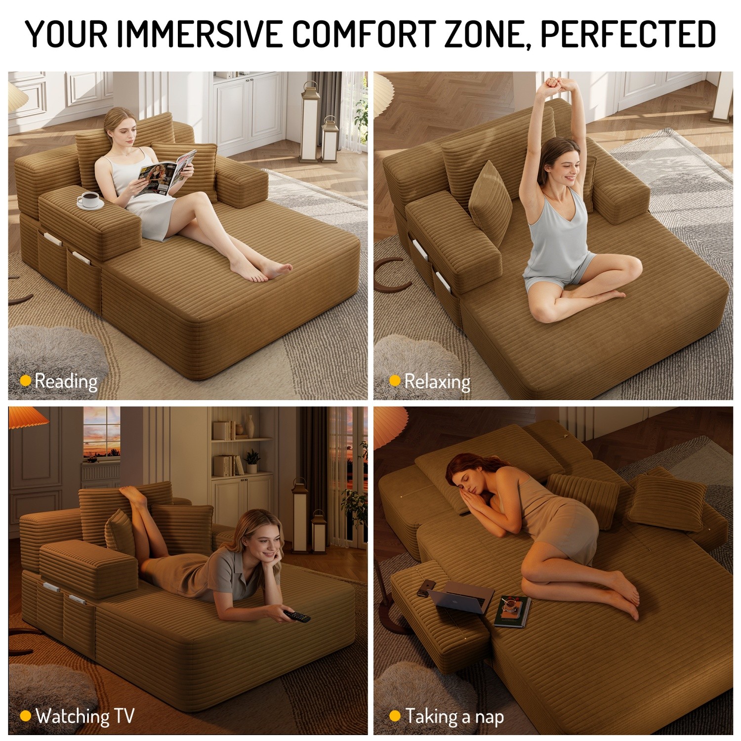 Modern Plush Corduroy Sofa Bed Chaise Lounge No Assembly Required with 3 Pillows
