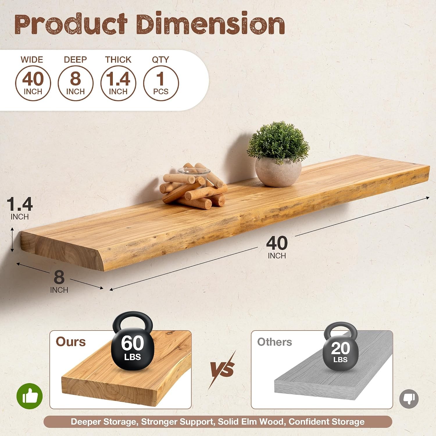 Live Edge Floating Shelves Wall 40 inch 8 Inch Deep Solid Elm Wood Floating Wall
