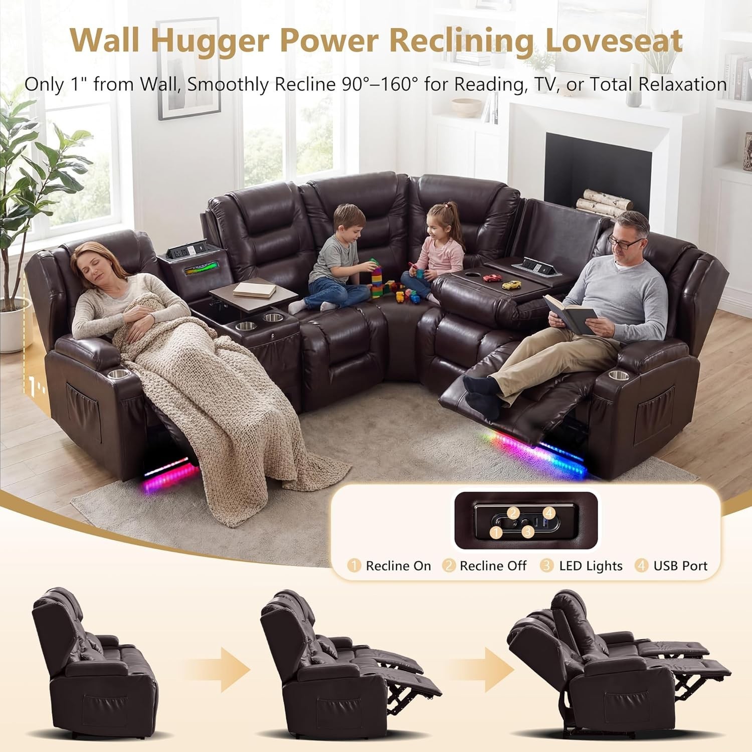 Recliner Sofa Power Reclining Sectional Sofa Set w/ Console&Bluetooth&LED Lights