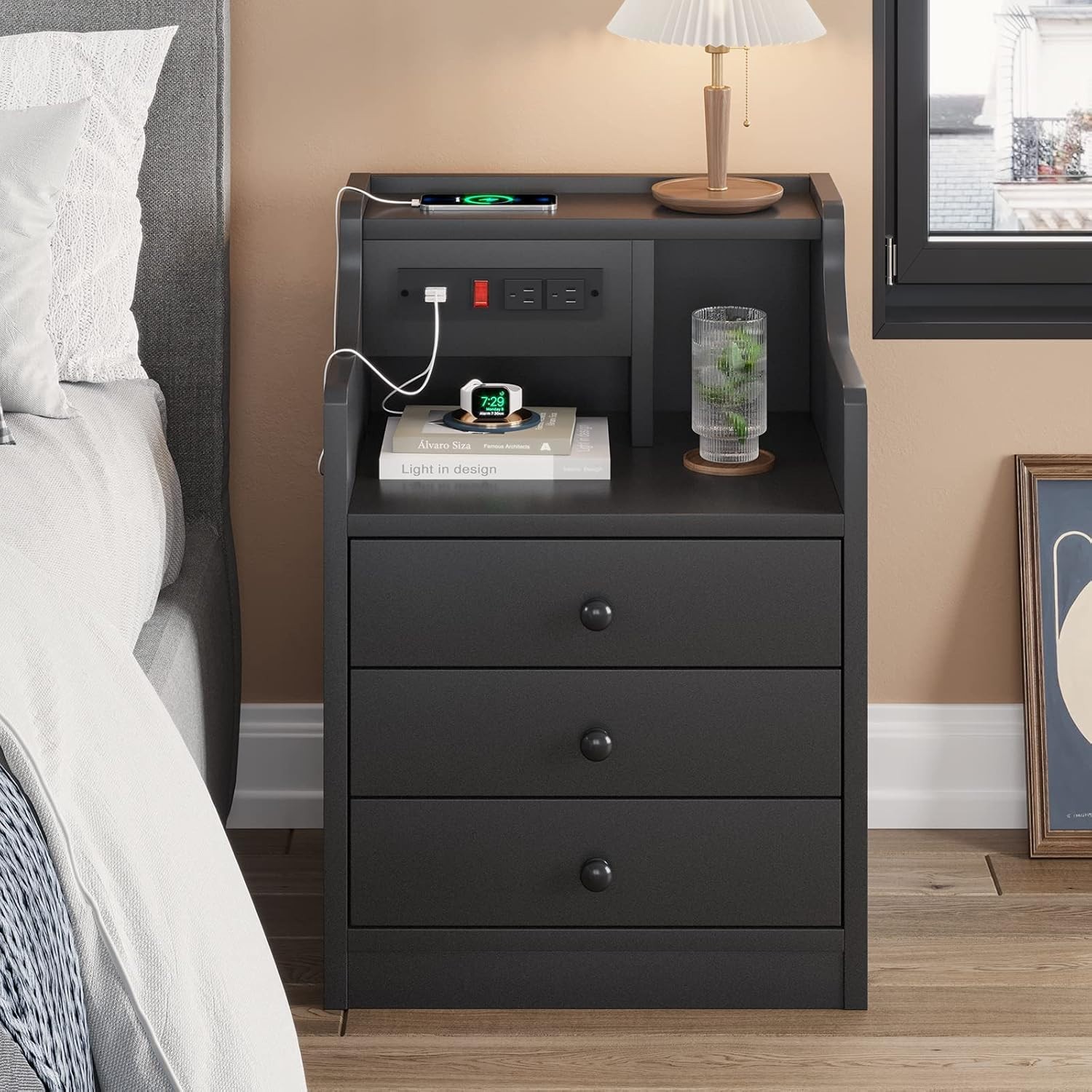 ADORNEVE Nightstand Night Bedroom,End Charging Station,Black Tabl with Stand for