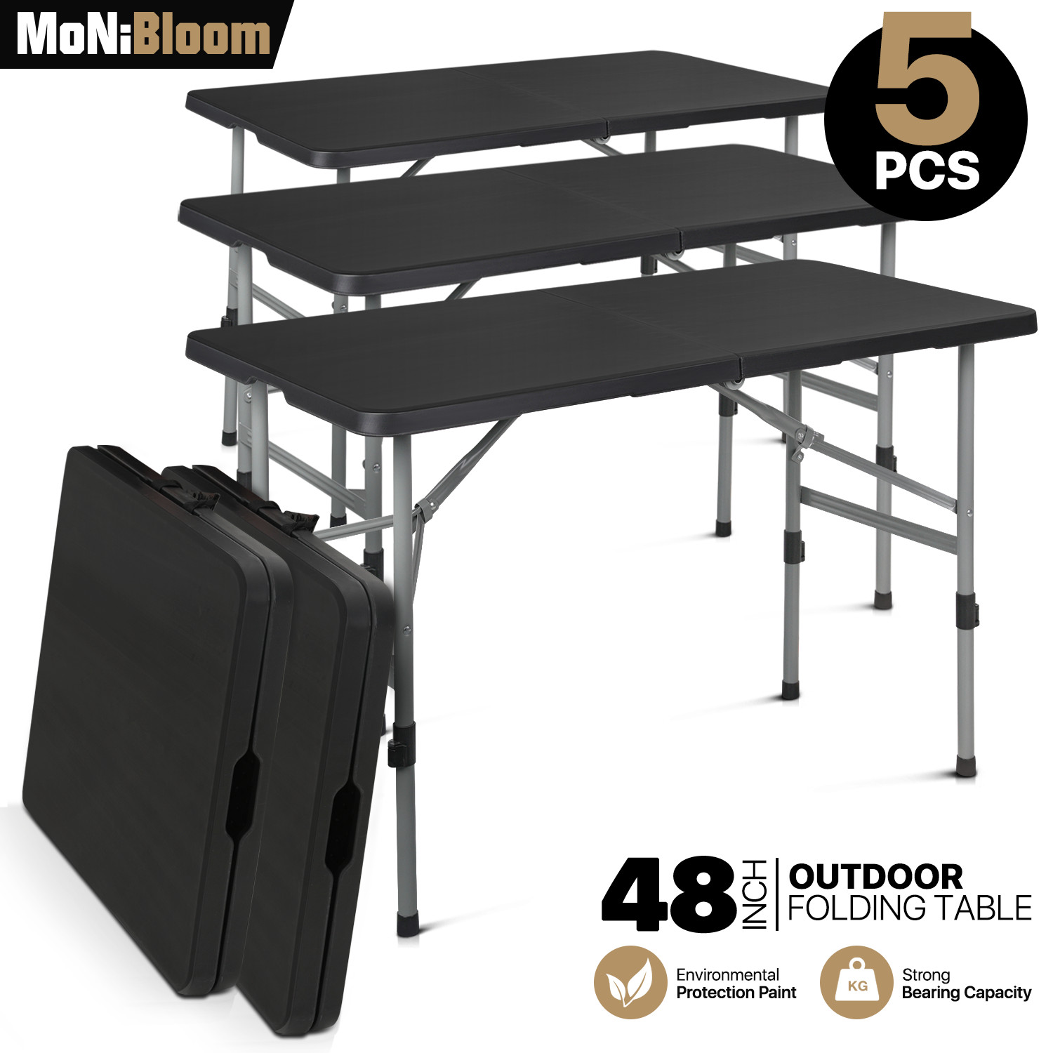 5 Pack [4 FT FOLDING PLASTIC DINING TABLE] Portable Adjustable Foot Picnic Desk