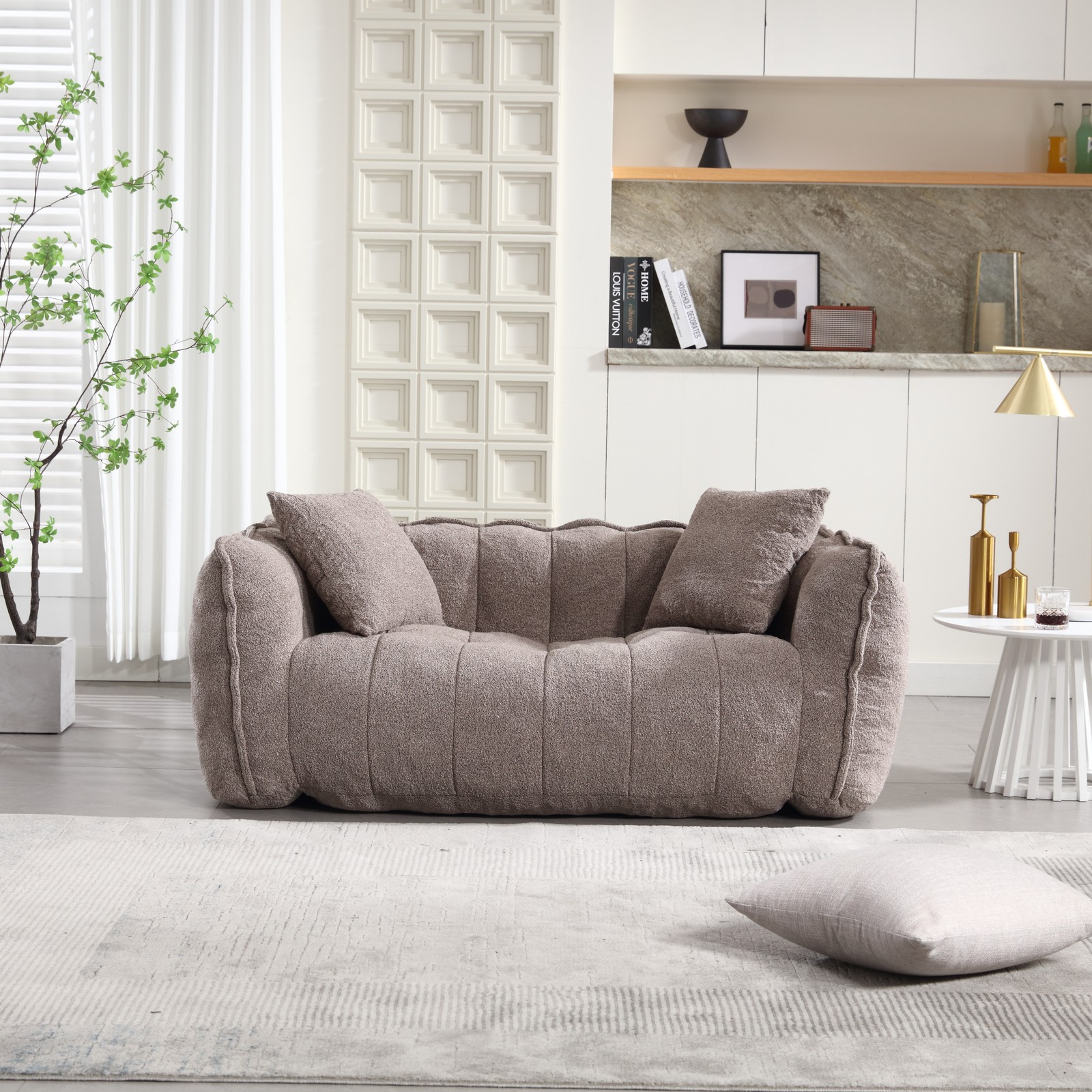 Large Brown Chenille Bean Bag Chair Sofa for Two, 66″L x 35″W
