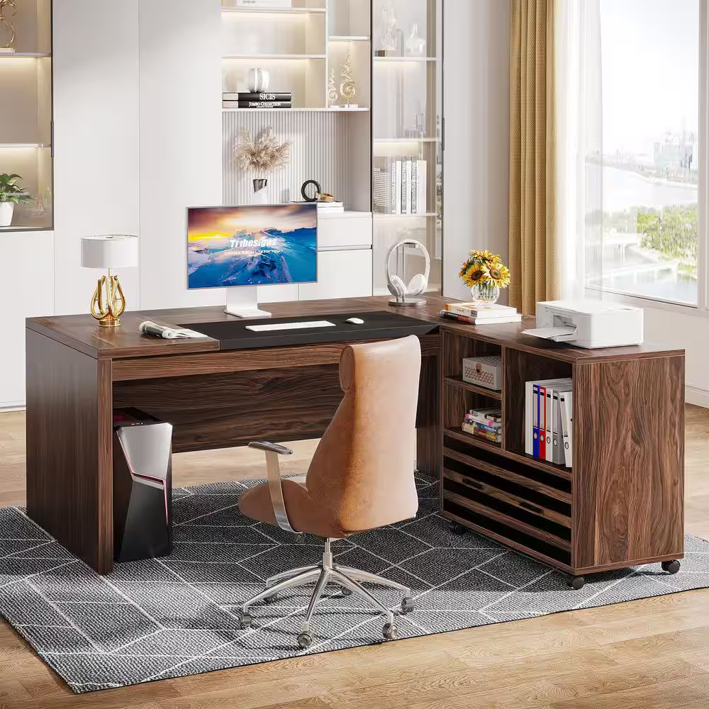 Halseey 62.2 In. X 31 In. Executive L-Shaped Brown Black Wood Drawer Computer De