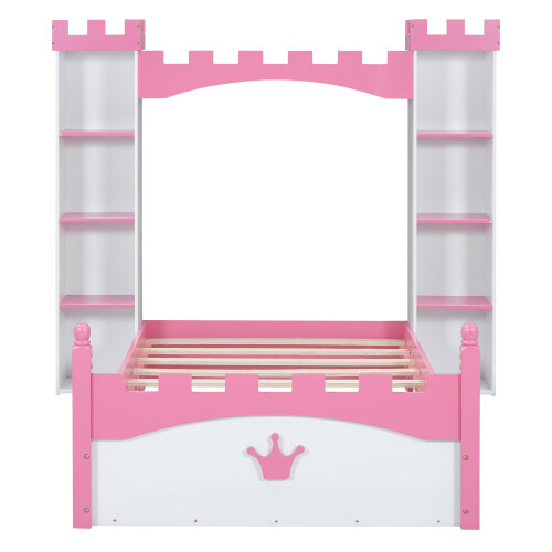 Castle-Shaped Platform Bed with Storage Shelves Both Side Wooden Bed Frames Twin