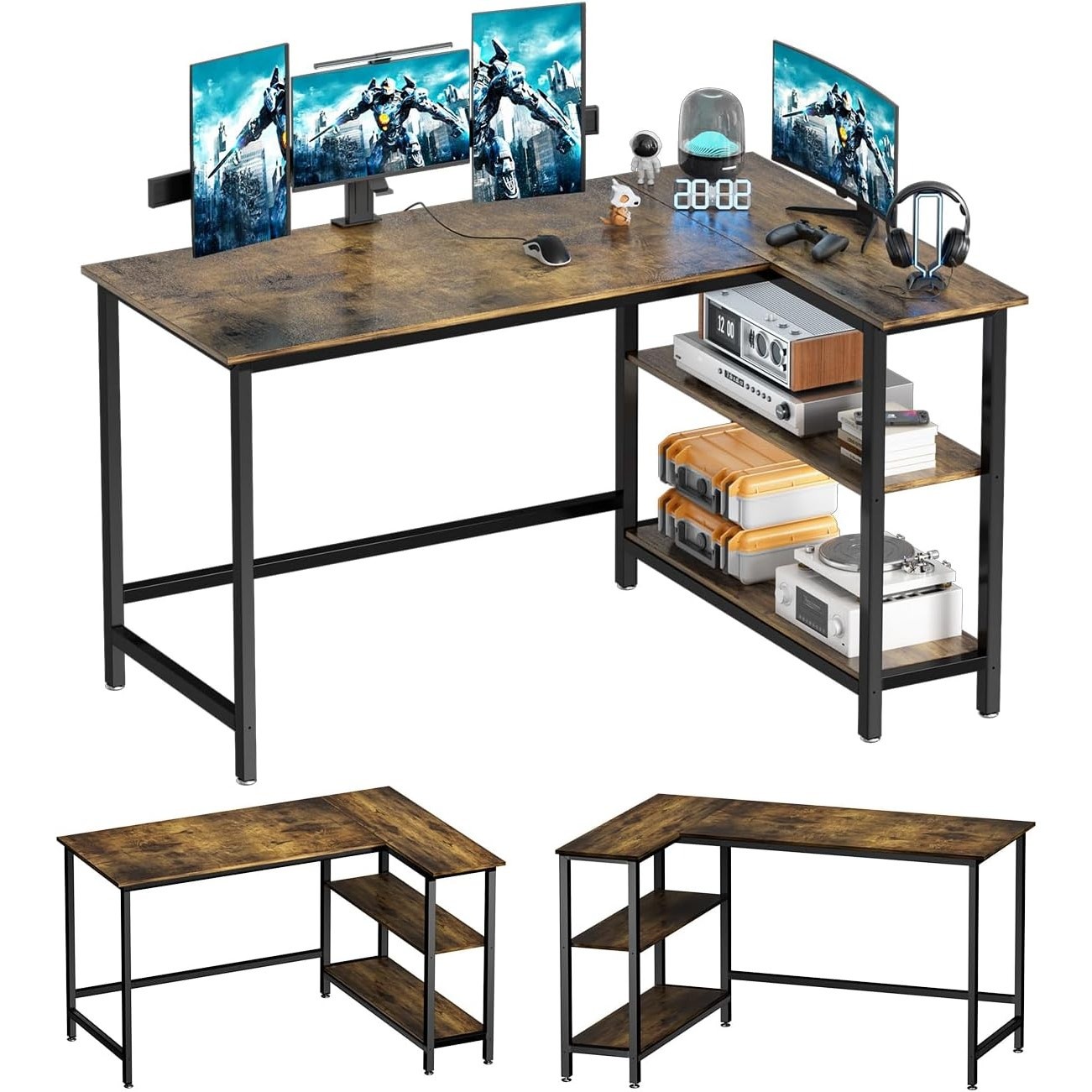 43″ L-Shaped Home Office Computer Desk w Shelves, Rustic Brown w Black Frame