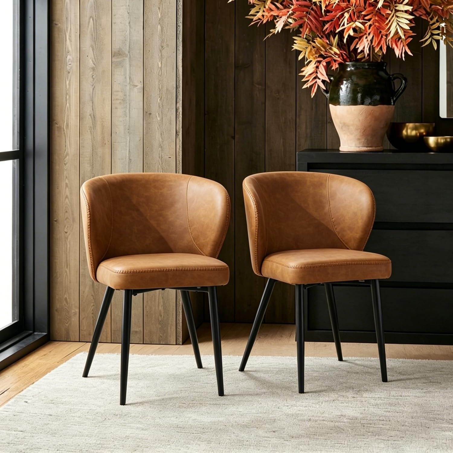 Leather Dining Chairs Set of 2, Upholstered Chairs with Metal Legs, Mid-Century