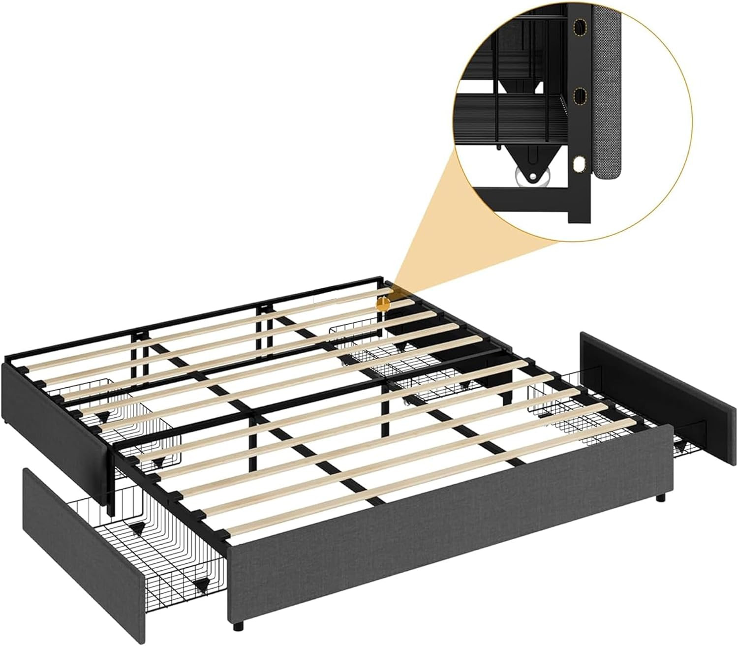Queen Upholstered Platform Bed Frame with 4 Storage Drawers – No Box Spring Need