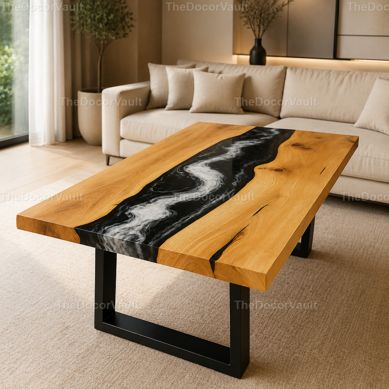 Handmade Black Epoxy Resin River Coffee Table, Live Edge Wood Tabletop, Modern