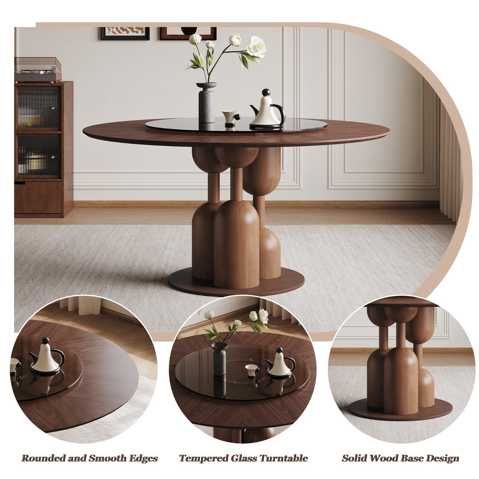 59-inch Round Dining Table with 35 in Tempered Glass Lazy Susan for Living Room