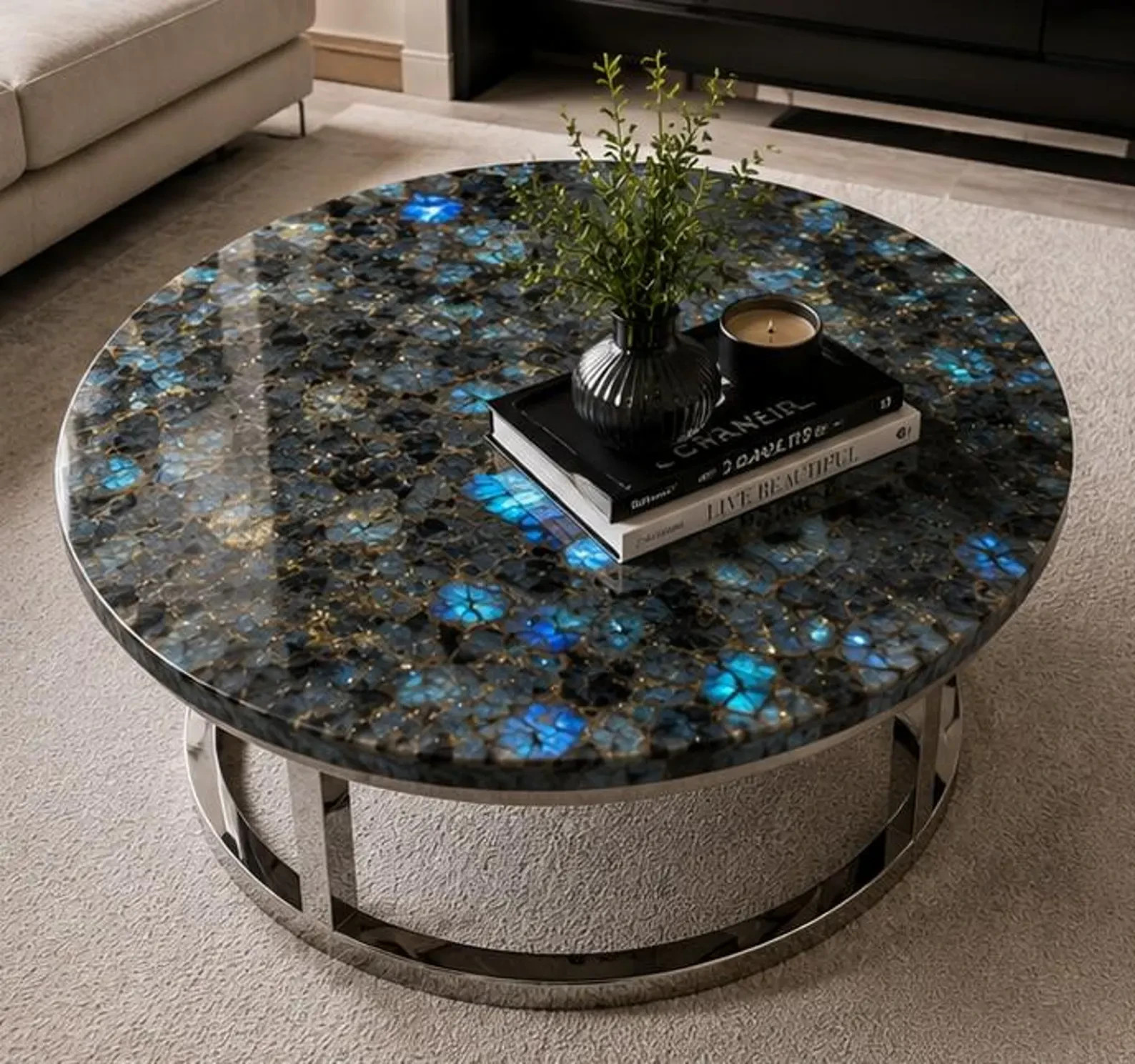 Round Labradorite Coffee Table | Iridescent Blue Flash Gemstone Top | Luxury Art