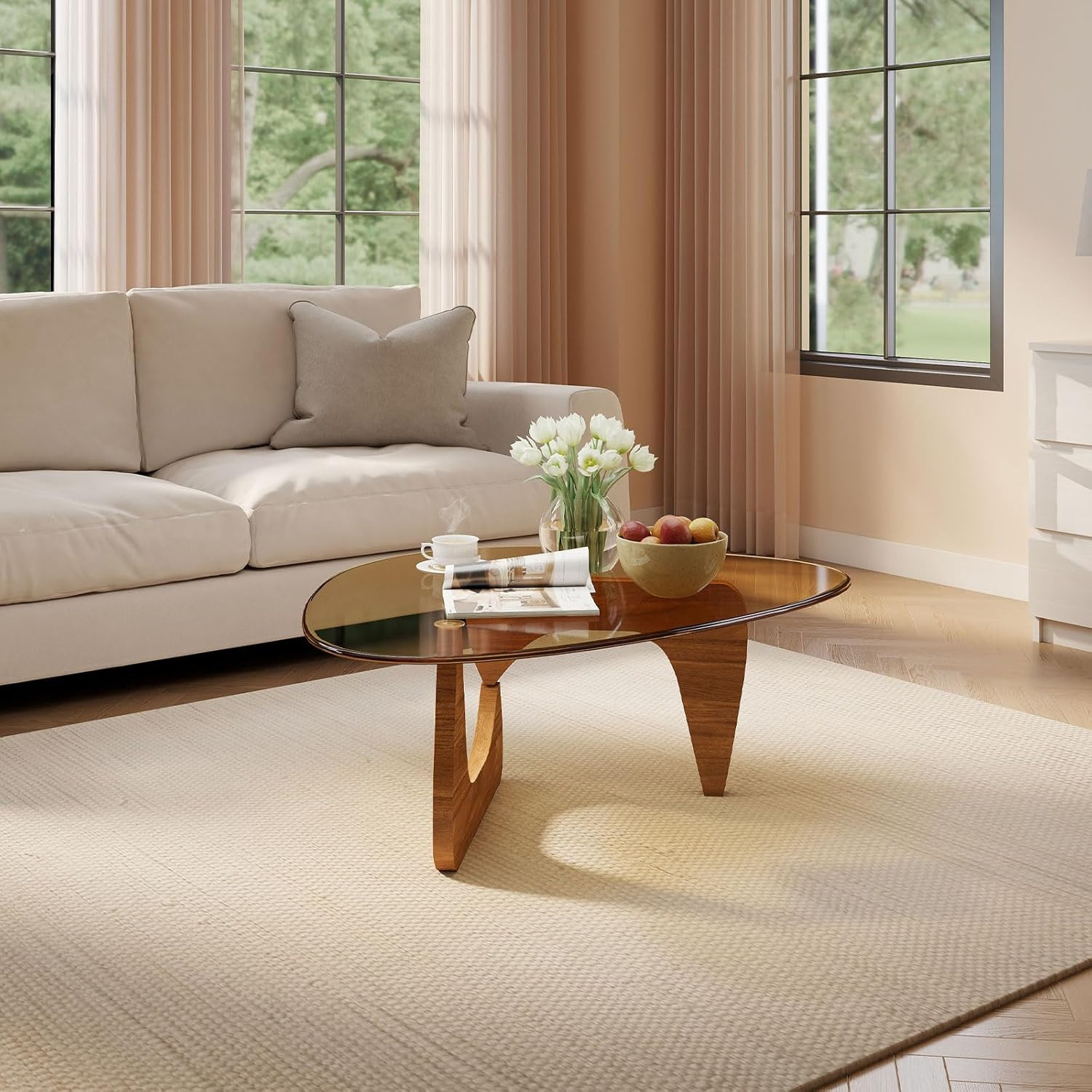 Unique Modern Coffee Table with Amber Glass Top – Irregular Accent Table