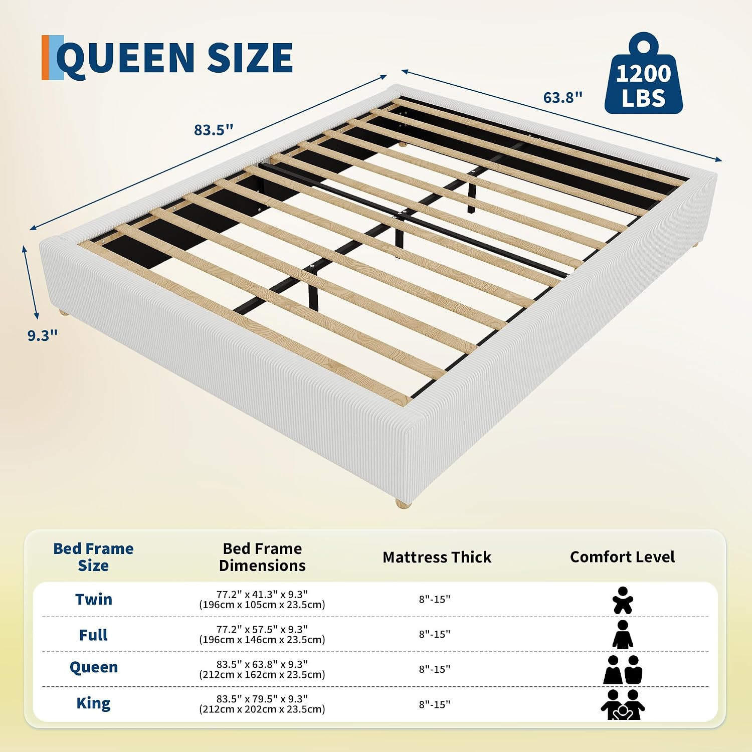 Queen Cloud Bed Frame, Corduroy Soft Fabric Low Bed Frames with Solid Wood round