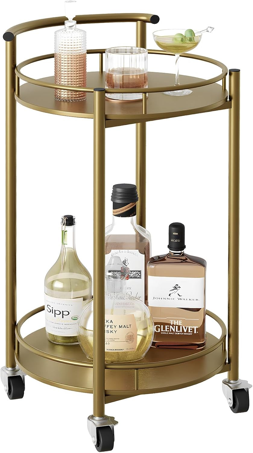 Bar Cart Gold Rolling for Home 2 Tiers Serving Round Wine with Handle Metal Rack