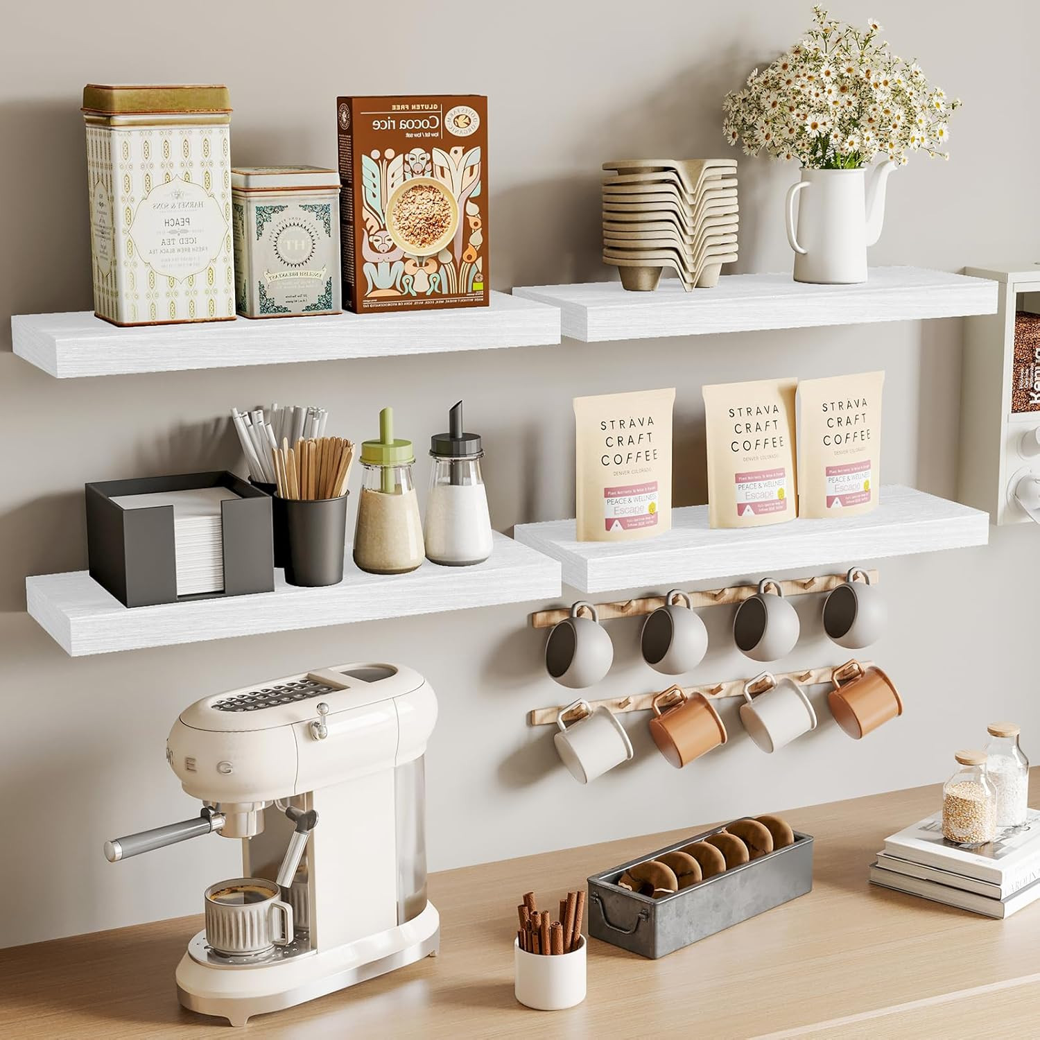 15.8In Floating Shelves, Rustic Wood Finish Wall Shelves Set of 4, Shelves fo…