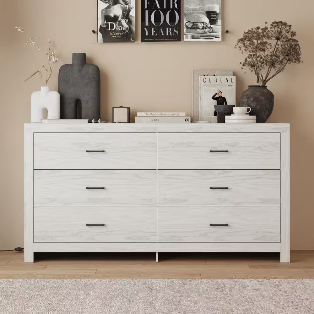 Beige Wood Grain 6-Drawer 63 In. X 15.7 In. X 33.1 In. Dresser, Wood Chest of Dr