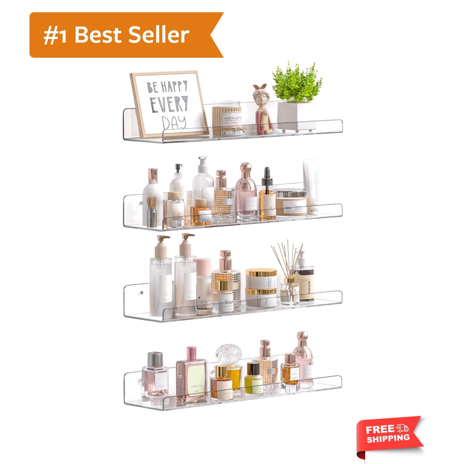 Acrylic Shelves for Bathroom Storage, 15″ Floating Shelves Wall Organizer for…
