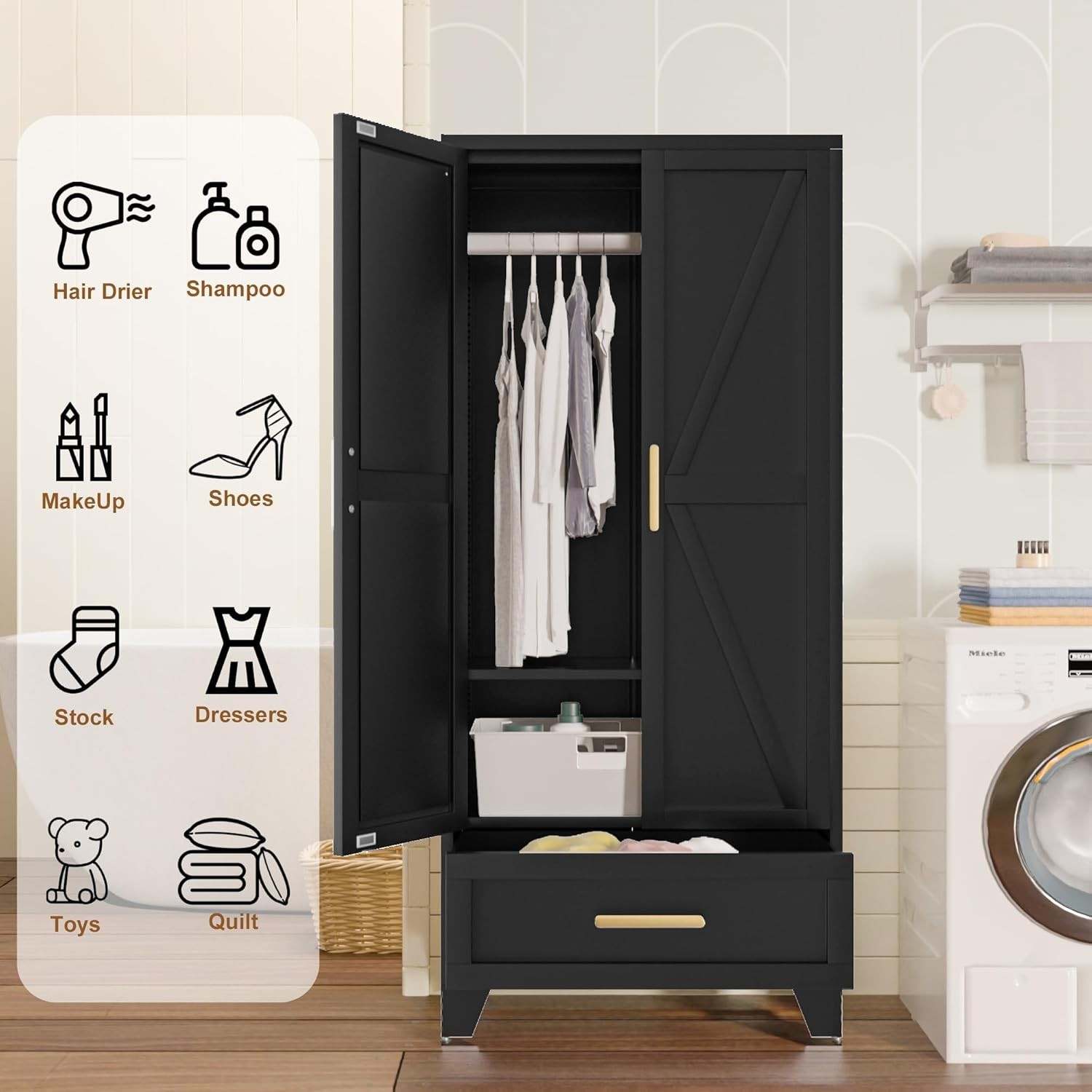 MY 71″ Black Metal Wardrobe Closet Furniture With Drawer For Home Office,Bedroom