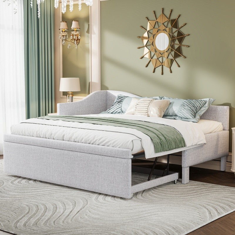 Twin Size Linen Upholstered L-Shaped Daybed w/Pop Up Trundle Twin to King Beige