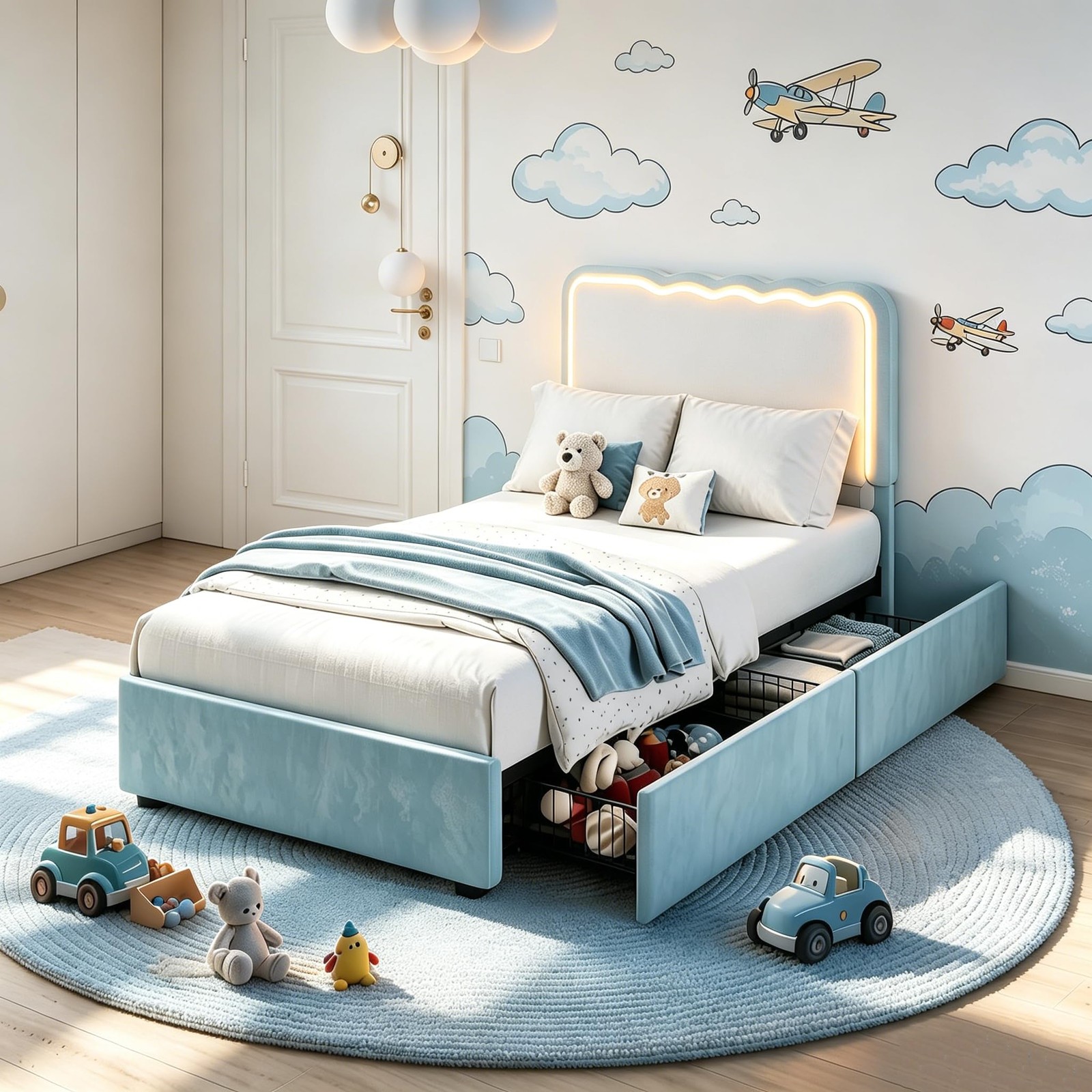Irregular Wave Upholstered Platform Bed Frame 2 Storage Drawers LED Lights