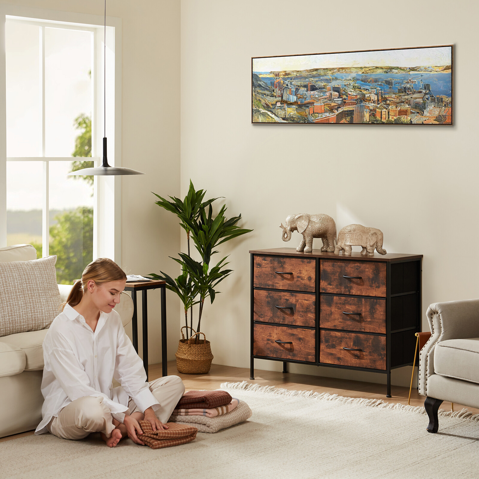 6-Drawer Dresser for bedroom Organizer w/ Fabric Bins, Steel Frame and Wood Top