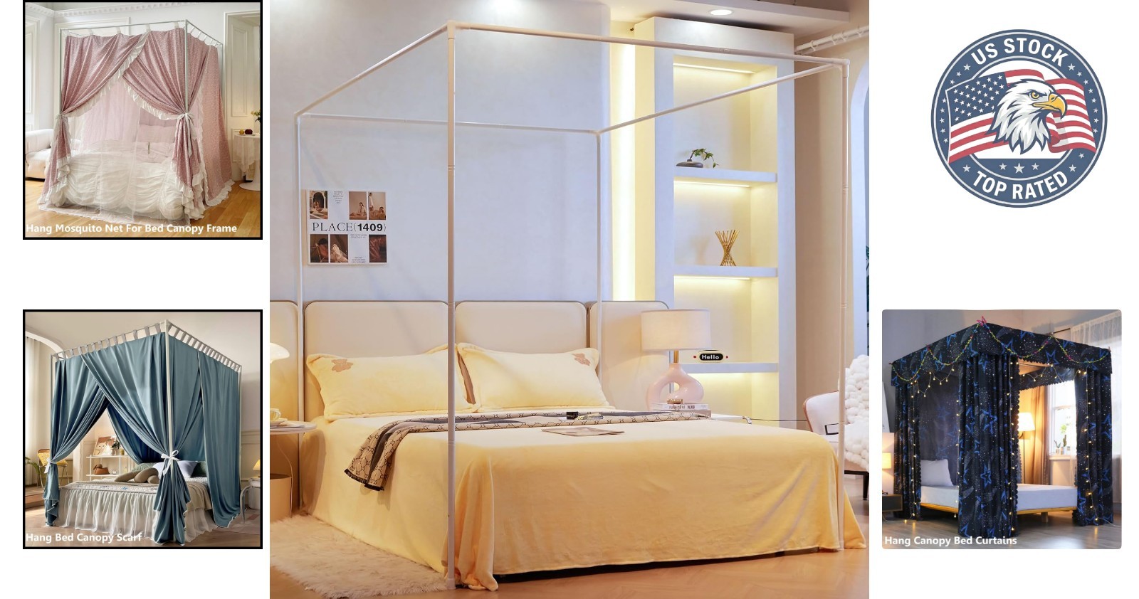 Full-Size Canopy Bed Frame Post – Elegant Metal Design in White