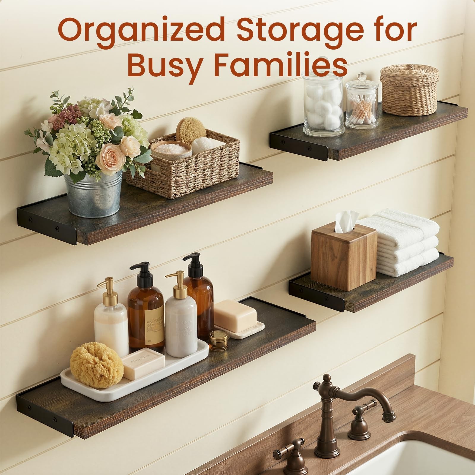 4 PCS Rustic Brown Mounted Wood Floating Wall Shelves Kids Book Organizer