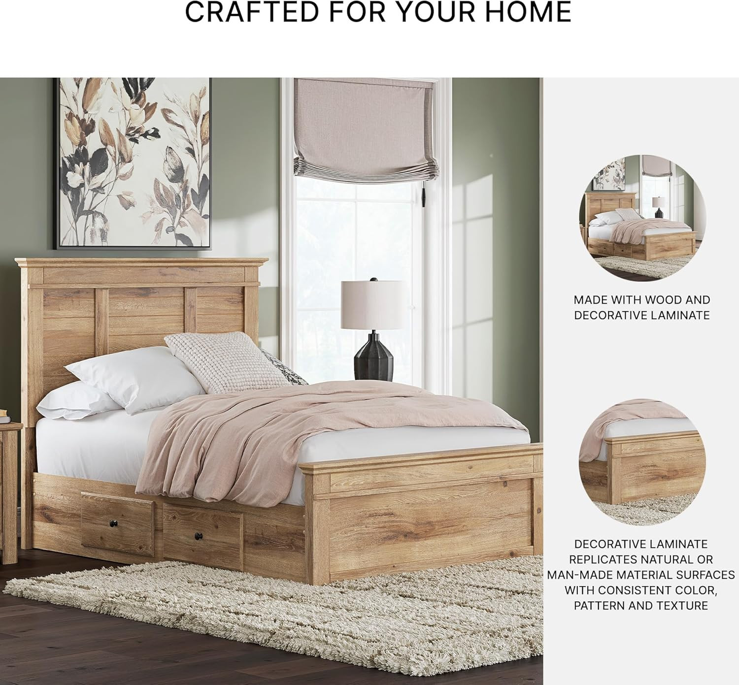 Fenderport Full Bedframe with Headboard & 4 Storage Drawers, Natural Brown